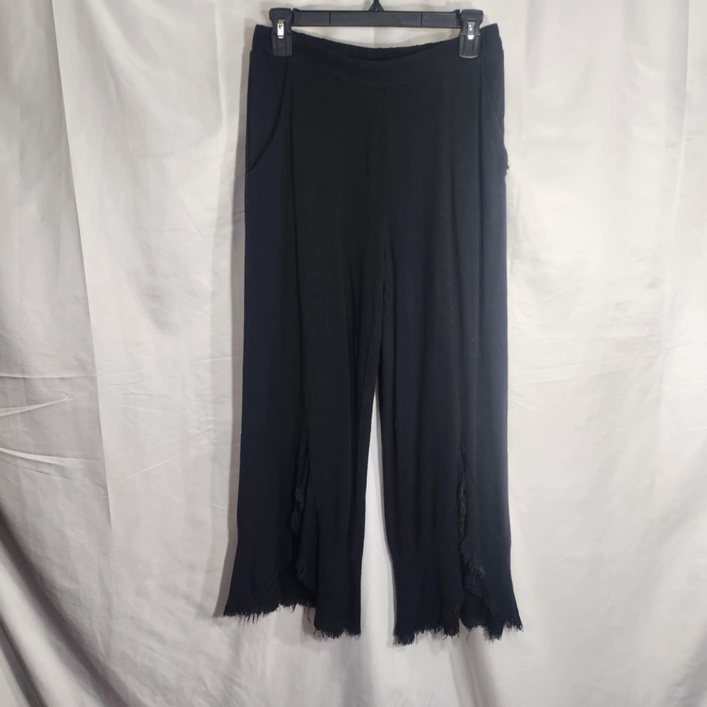 Umgee Linen Blend Elastic Waistband Wide Leg Pants M Pockets Raw Hem Ankle Black